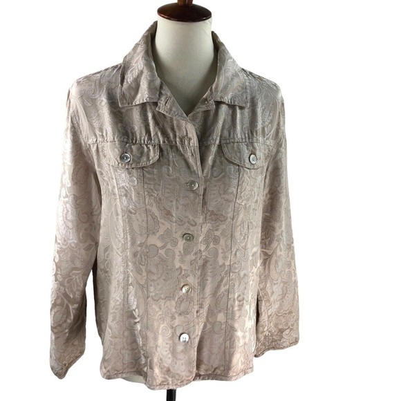 Chico’s Silk Jacket Gold Jacquard Sz 2 Large Lagenlook Classic Minimalist - Picture 11 of 15